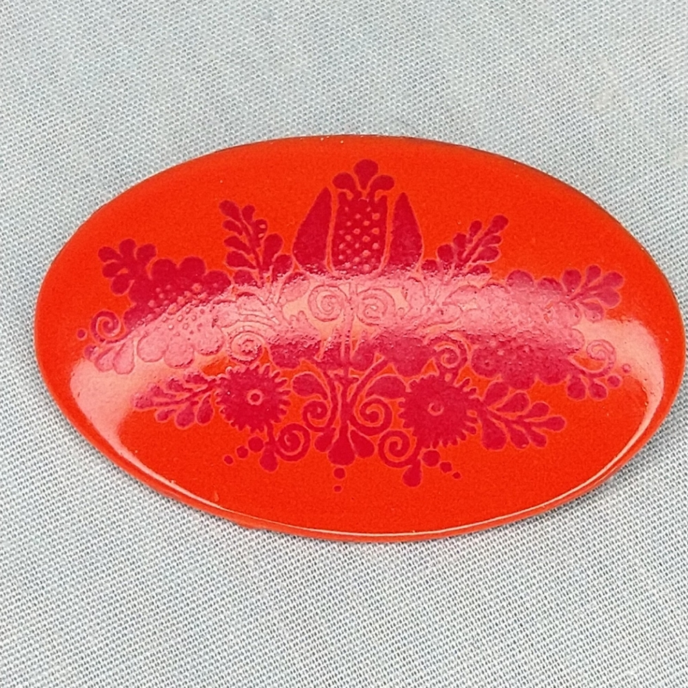 Austrian enamel brooch orange red oval Floral